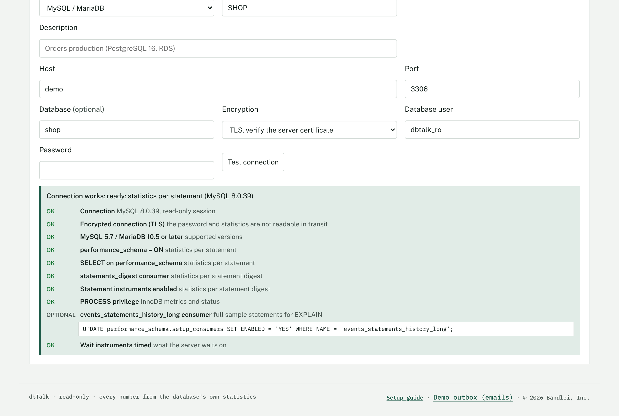 Adding a database: the form and a connection test with every item OK and one optional item with its command.